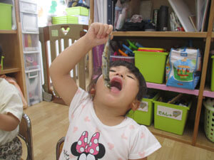 ししゃもを食べる保育園児