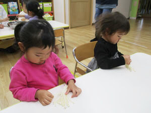 きのこを触る保育園児たち