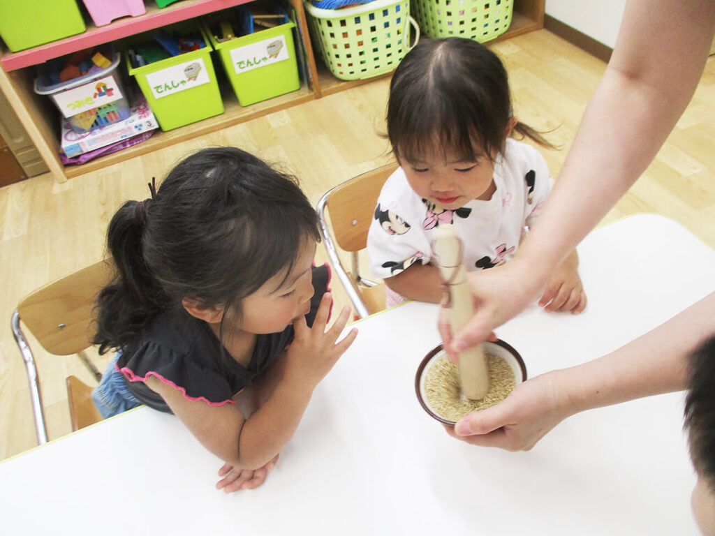 すりごまを興味深く観察する保育園児