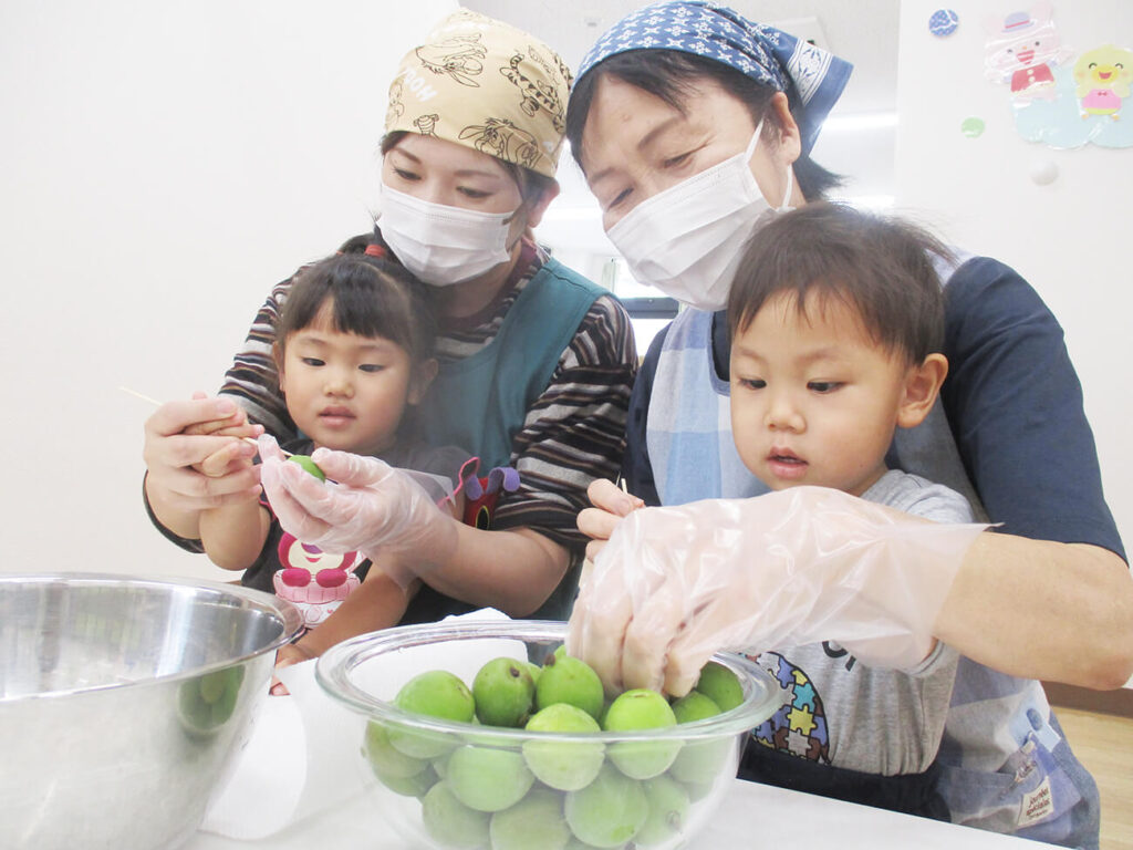 梅のヘタ取りを先生と行う保育園児の様子